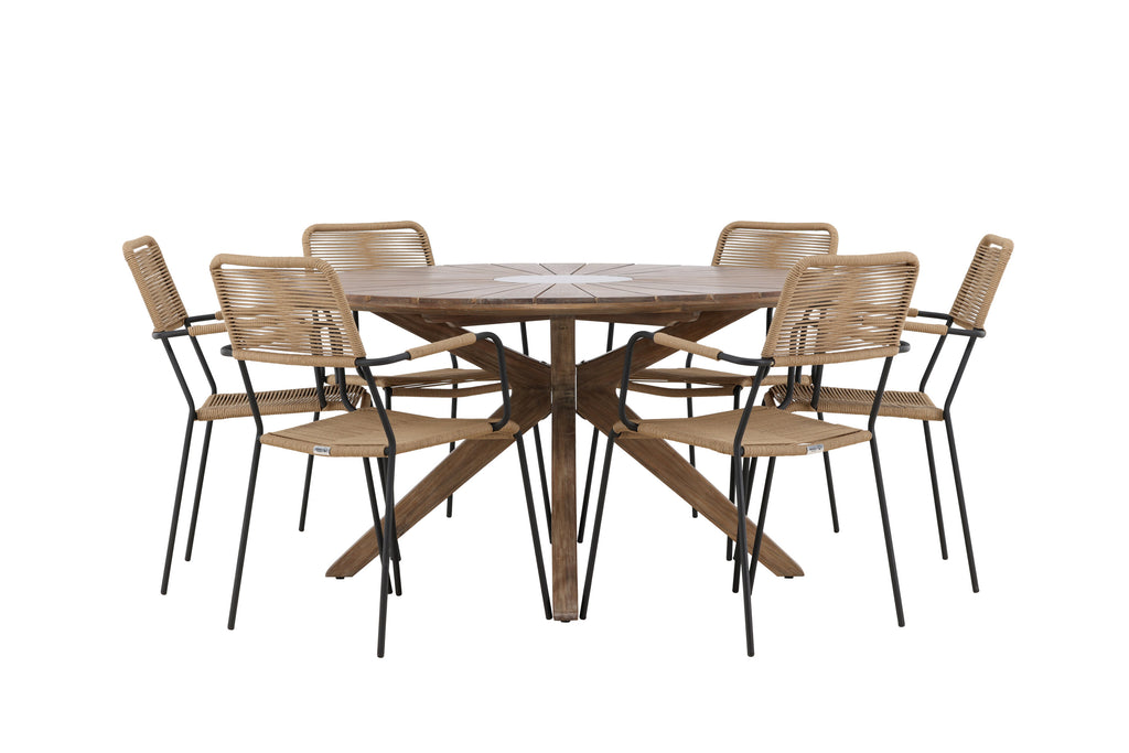Rosario matgrupp med 6 Lindos karmstolar Ø140 cm teak/svart/lattebeige