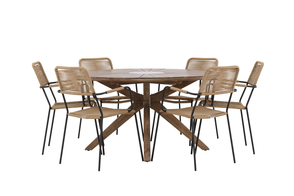 Rosario matgrupp med 6 Lindos karmstolar Ø140 cm teak/svart/lattebeige