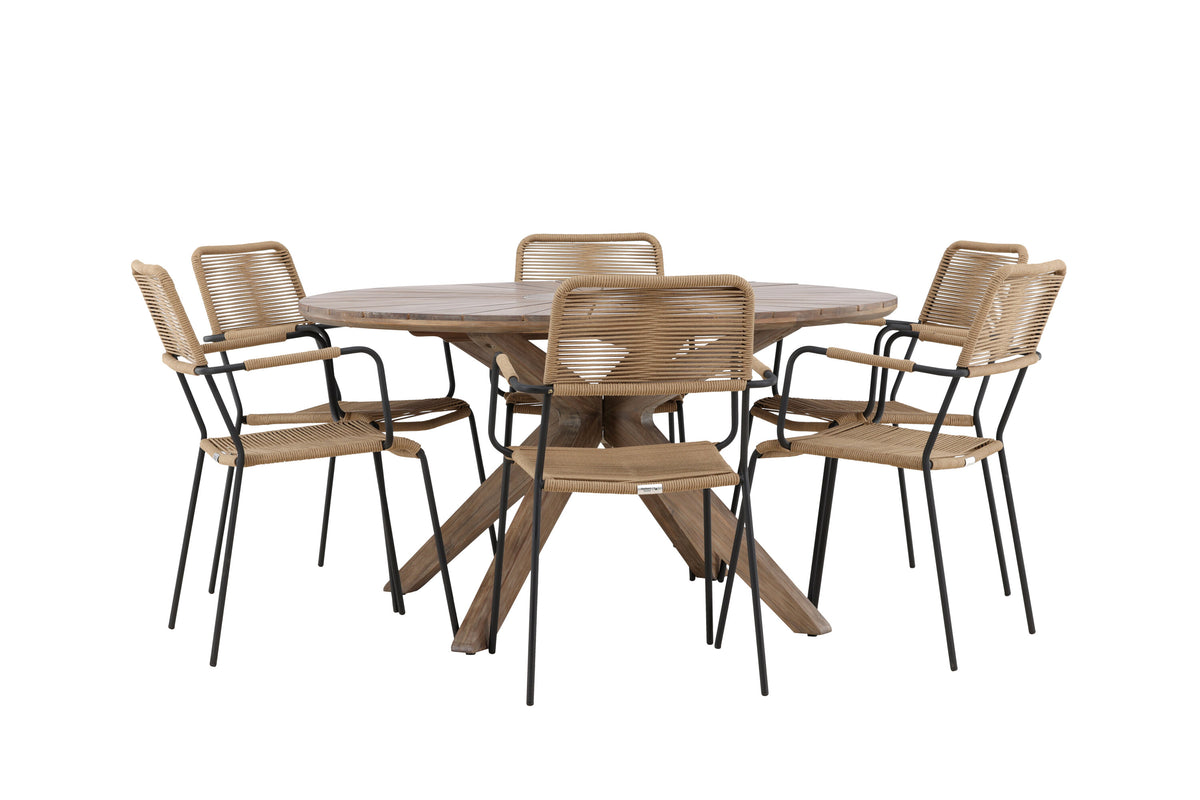 Rosario matgrupp med 6 Lindos karmstolar Ø140 cm teak/svart/lattebeige