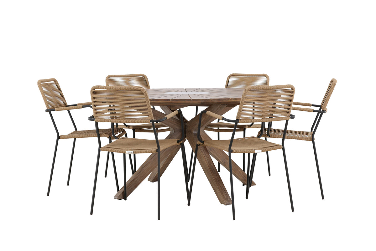Rosario matgrupp med 6 Lindos karmstolar Ø140 cm teak/svart/lattebeige