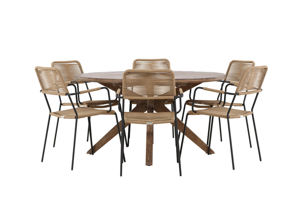 Rosario matgrupp med 6 Lindos karmstolar Ø140 cm teak/svart/lattebeige
