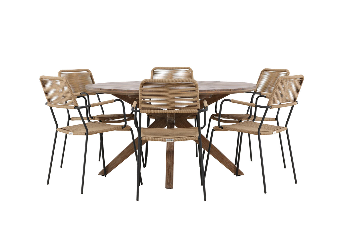 Rosario matgrupp med 6 Lindos karmstolar Ø140 cm teak/svart/lattebeige