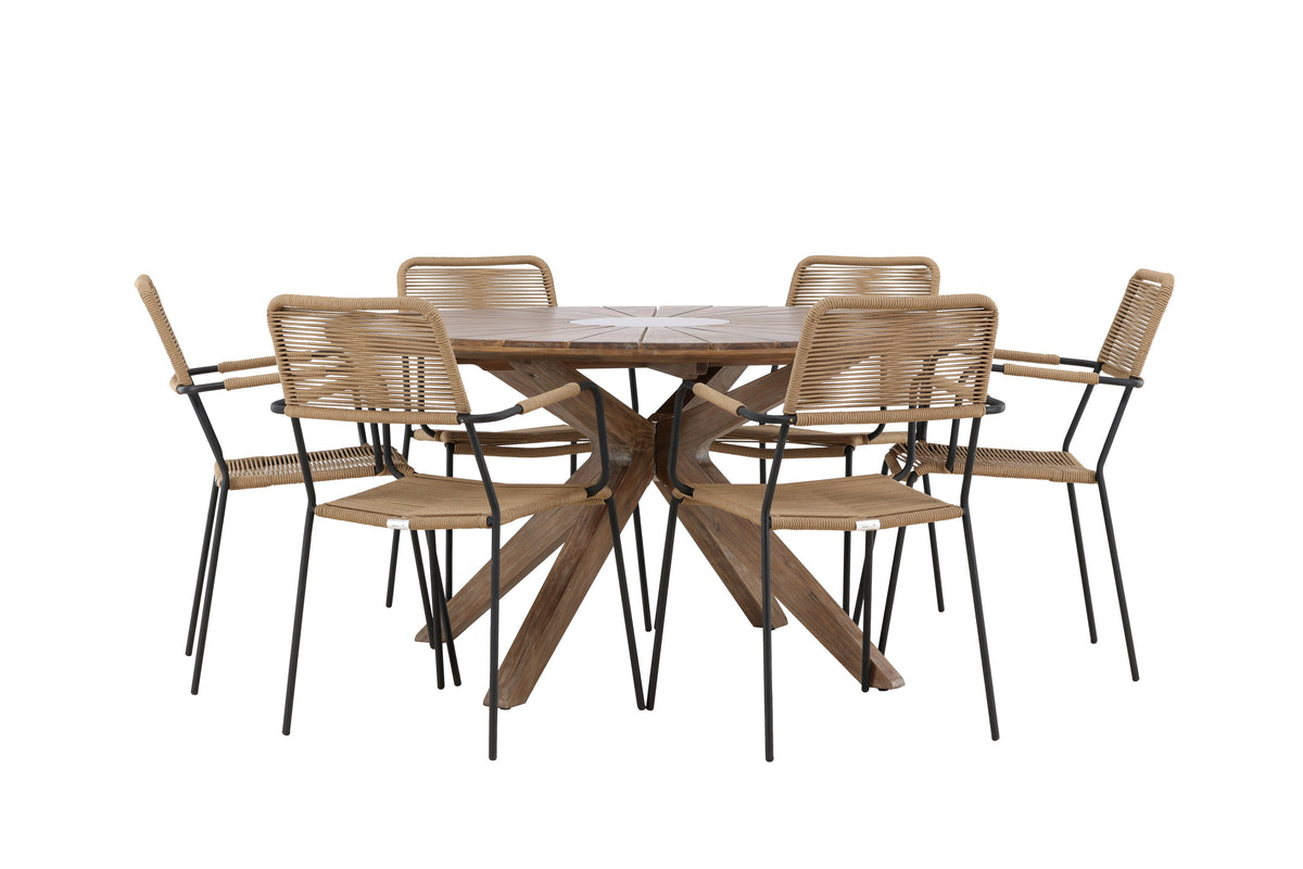 Rosario matgrupp med 6 Lindos karmstolar Ø140 cm teak/svart/lattebeige