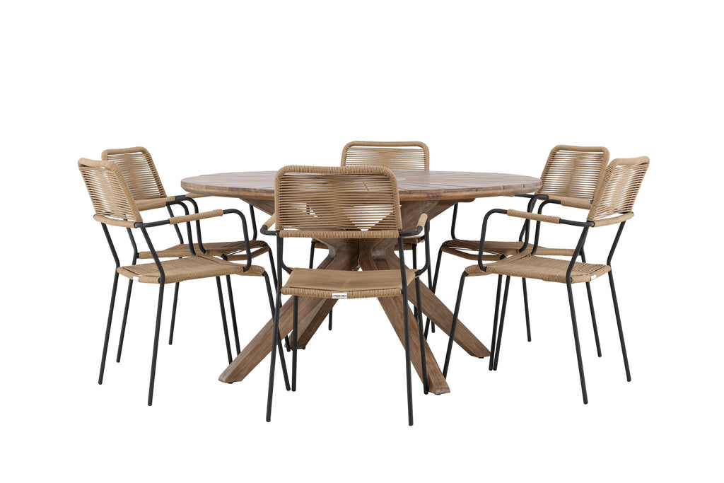 Rosario matgrupp med 6 Lindos karmstolar Ø140 cm teak/svart/lattebeige