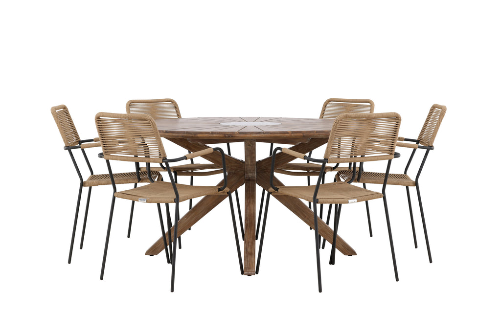 Rosario matgrupp med 6 Lindos karmstolar Ø140 cm teak/svart/lattebeige