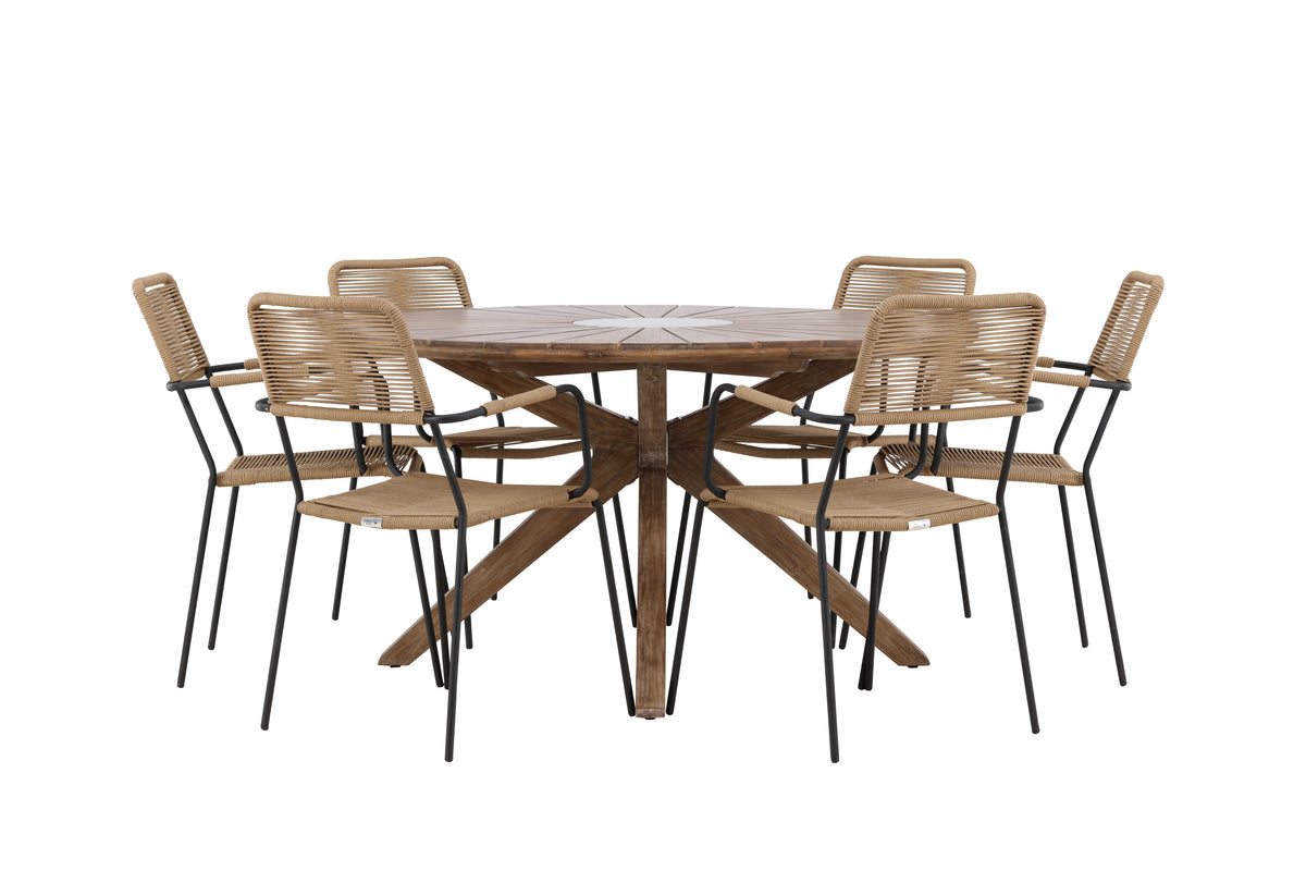 Rosario matgrupp med 6 Lindos karmstolar Ø140 cm teak/svart/lattebeige