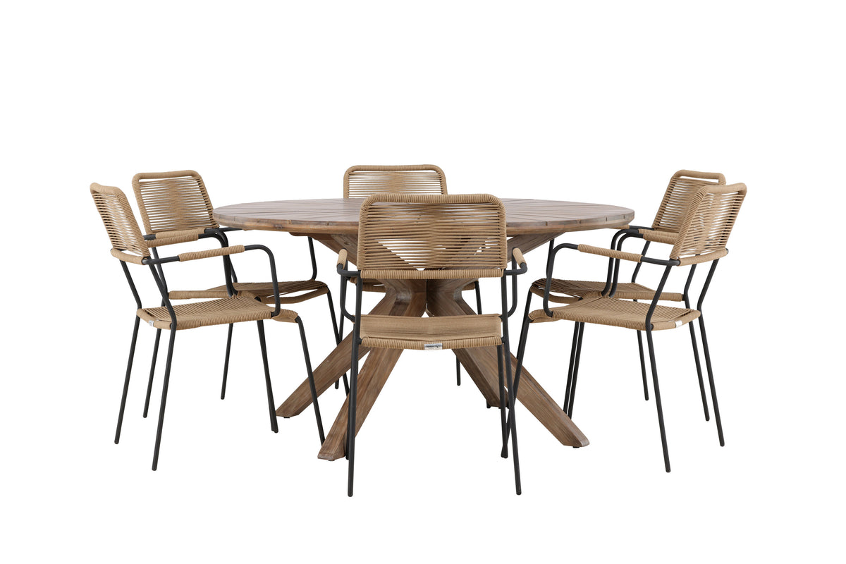 Rosario matgrupp med 6 Lindos karmstolar Ø140 cm teak/svart/lattebeige