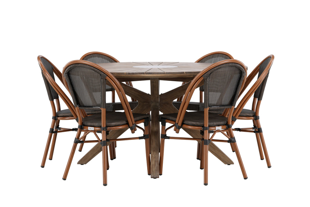 Rosario och Guarda matgrupp Ø140 cm brun/svart teak