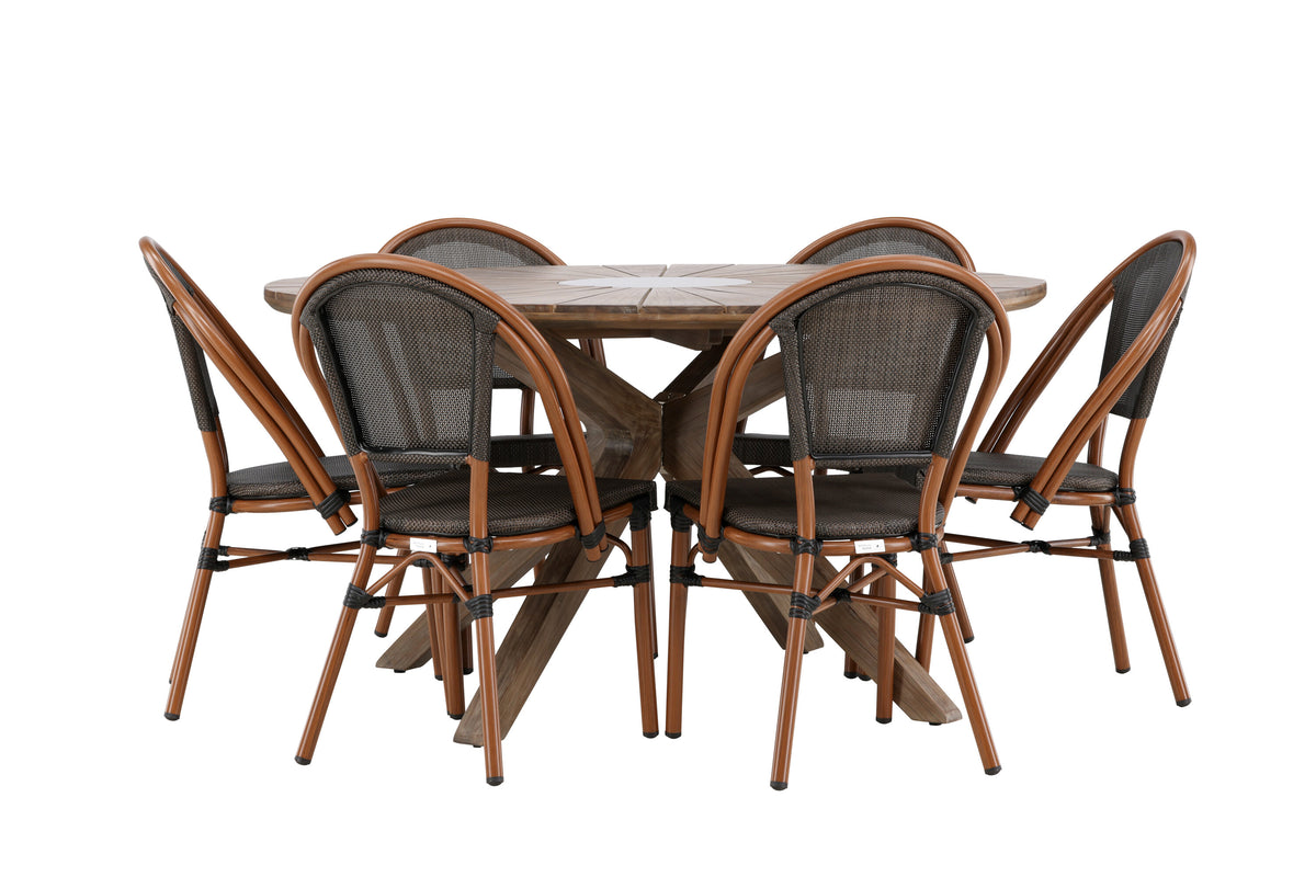 Rosario och Guarda matgrupp Ø140 cm brun/svart teak