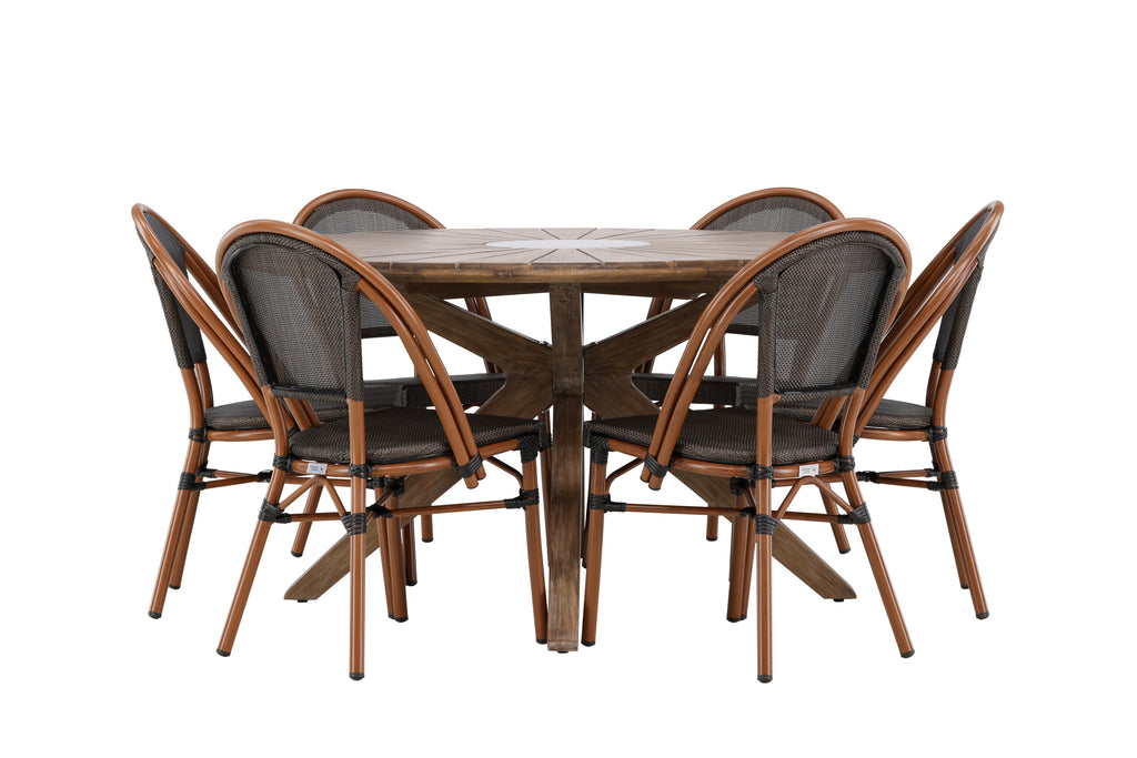 Rosario och Guarda matgrupp Ø140 cm brun/svart teak