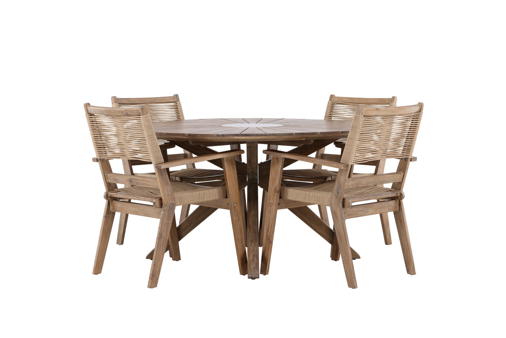 Rosario och Peter matgrupp Ø140 cm mörkbrun/beige teak och akacia