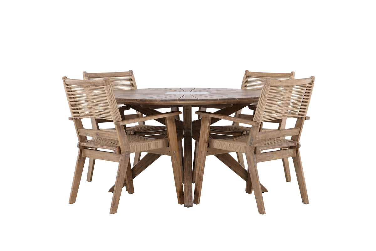 Rosario och Peter matgrupp Ø140 cm mörkbrun/beige teak och akacia