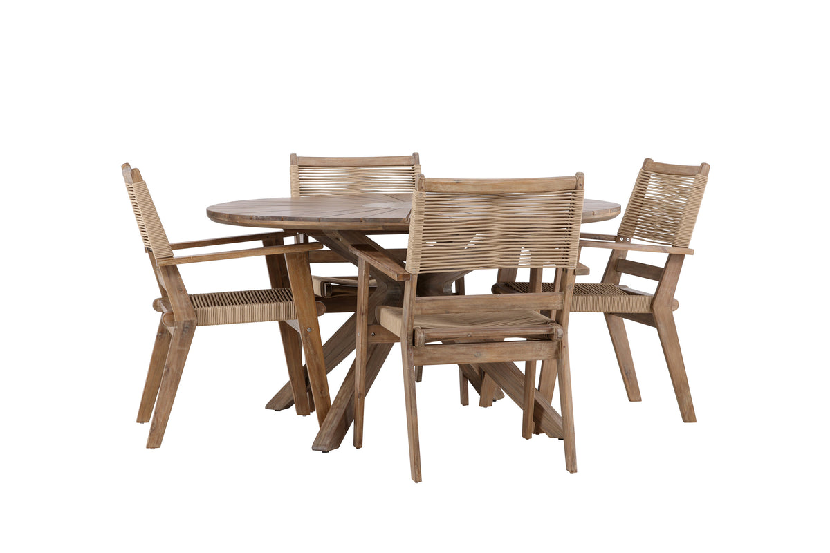 Rosario och Peter matgrupp Ø140 cm mörkbrun/beige teak och akacia
