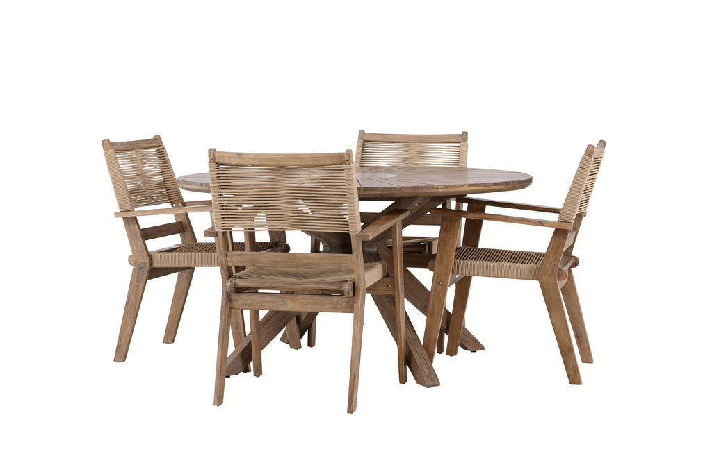 Rosario och Peter matgrupp Ø140 cm mörkbrun/beige teak och akacia