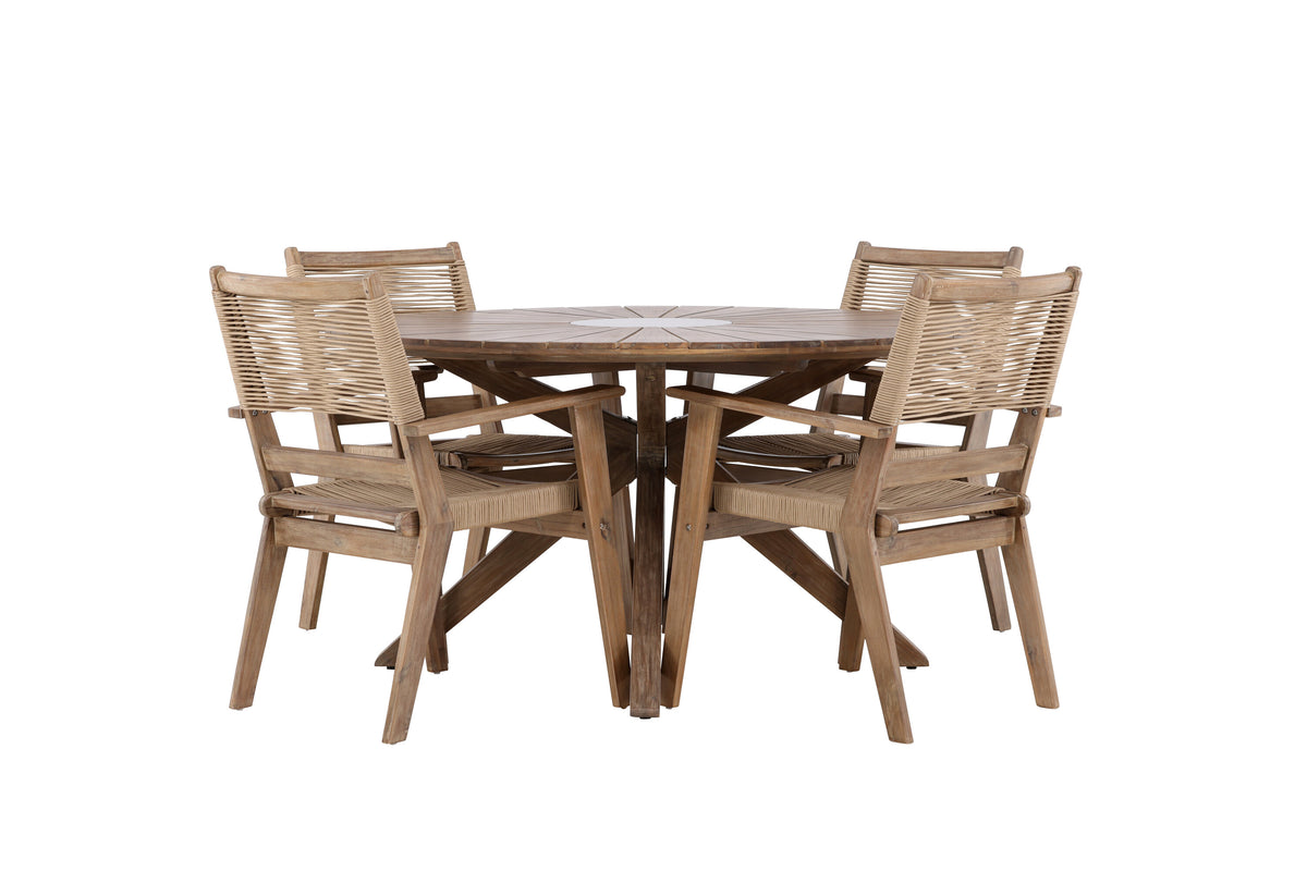 Rosario och Peter matgrupp Ø140 cm mörkbrun/beige teak och akacia