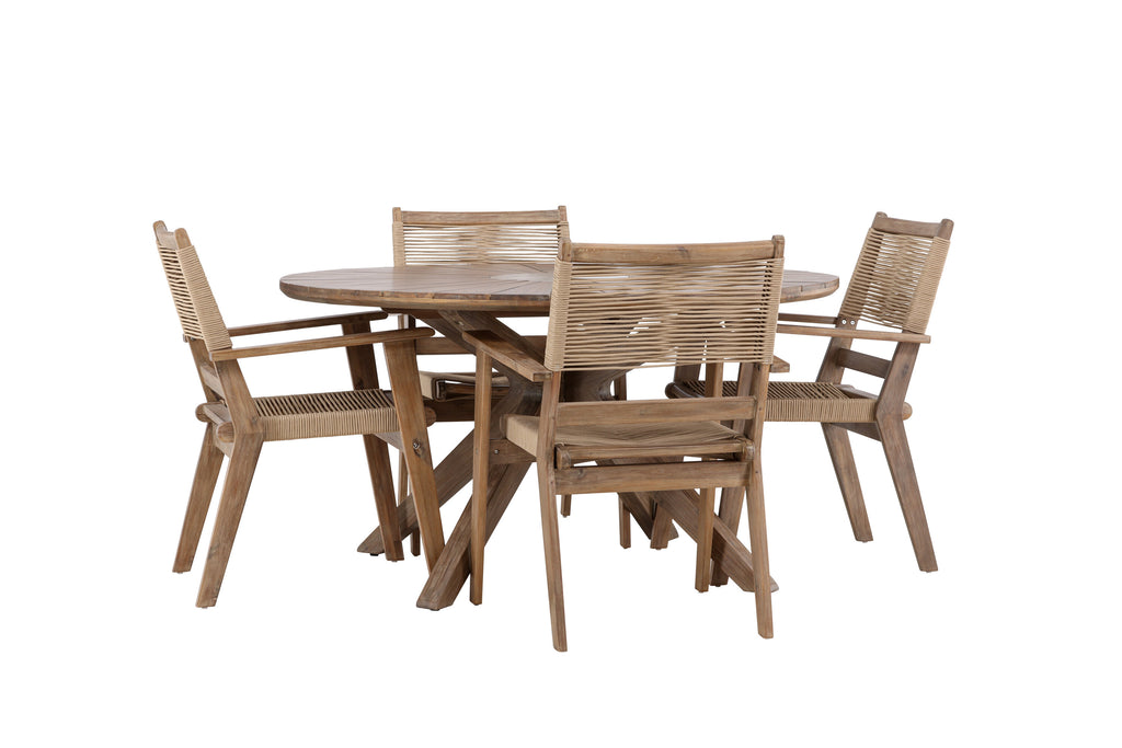 Rosario och Peter matgrupp Ø140 cm mörkbrun/beige teak och akacia