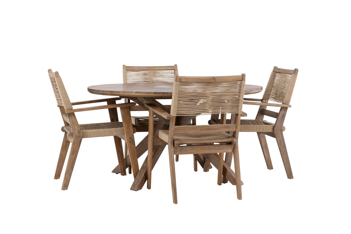 Rosario och Peter matgrupp Ø140 cm mörkbrun/beige teak och akacia