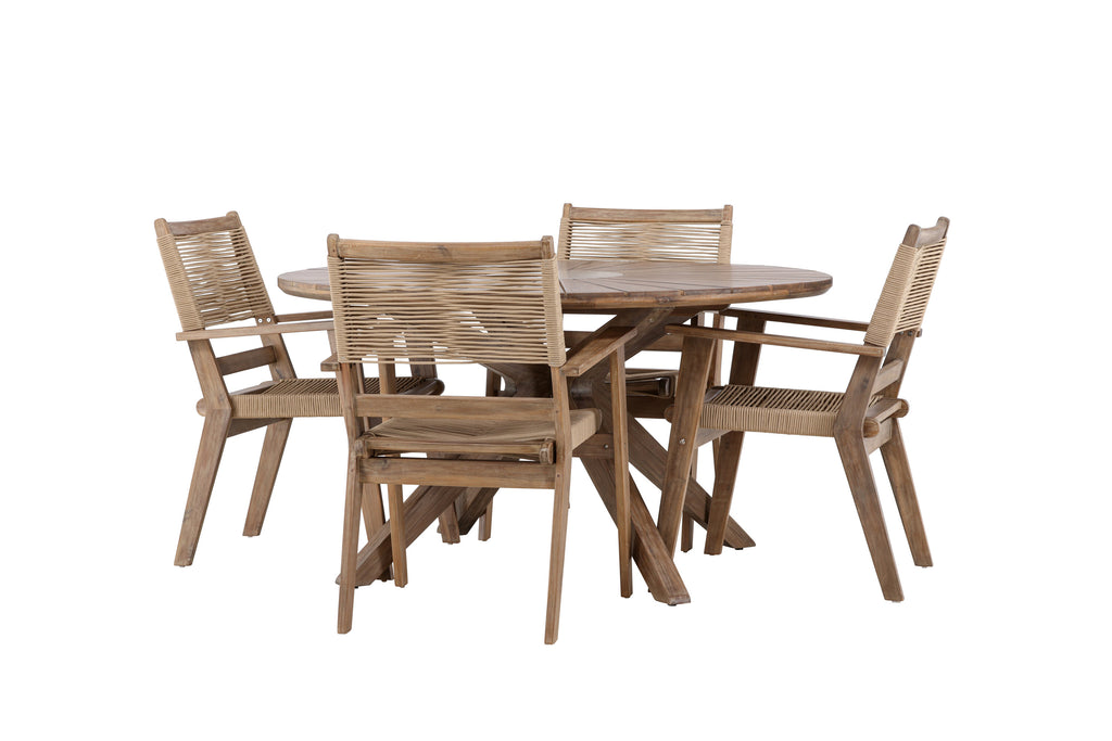 Rosario och Peter matgrupp Ø140 cm mörkbrun/beige teak och akacia