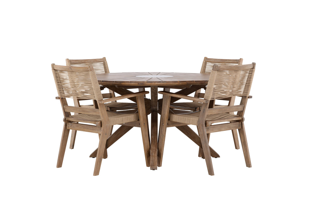 Rosario och Peter matgrupp Ø140 cm mörkbrun/beige teak och akacia