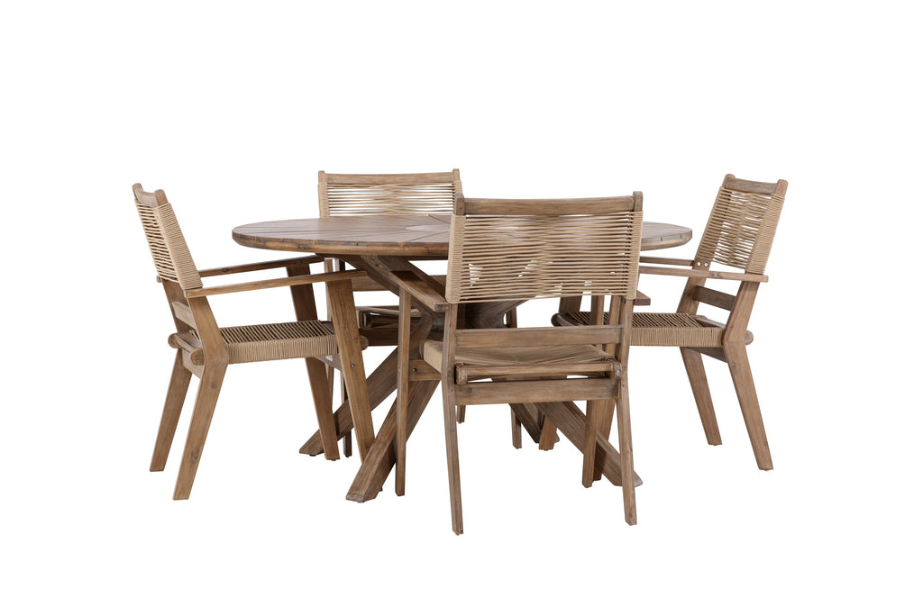 Rosario och Peter matgrupp Ø140 cm mörkbrun/beige teak och akacia