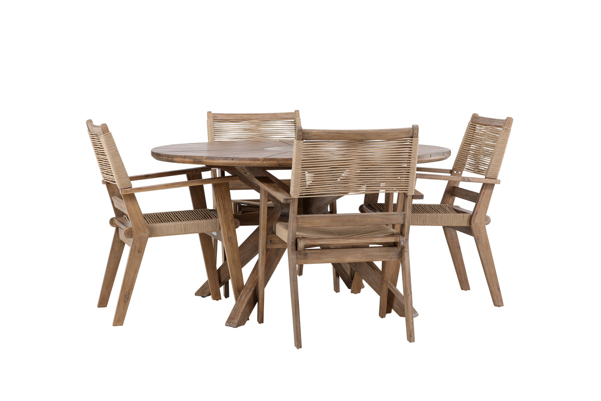 Rosario och Peter matgrupp Ø140 cm mörkbrun/beige teak och akacia