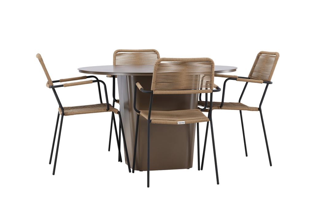 Santa Fe och Lindos matgrupp Ø120 cm rostbrun/svart/lattebeige aluminium och rep