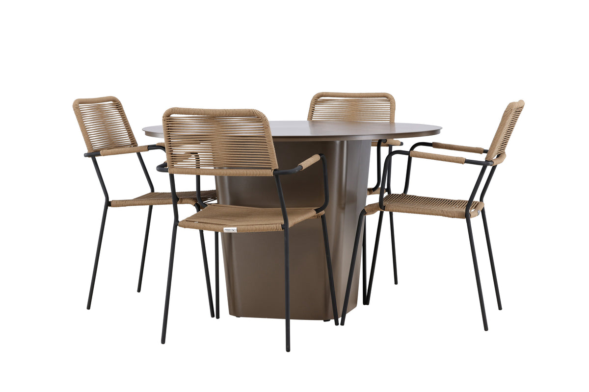 Santa Fe och Lindos matgrupp Ø120 cm rostbrun/svart/lattebeige aluminium och rep