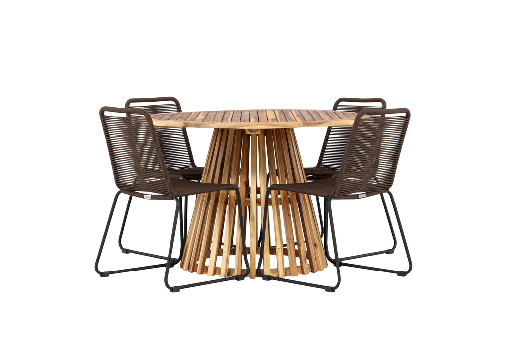 Lumpur och Lindos matgrupp med 4 stolar Ø110x75 cm teakfärgad akacia och svart aluminium