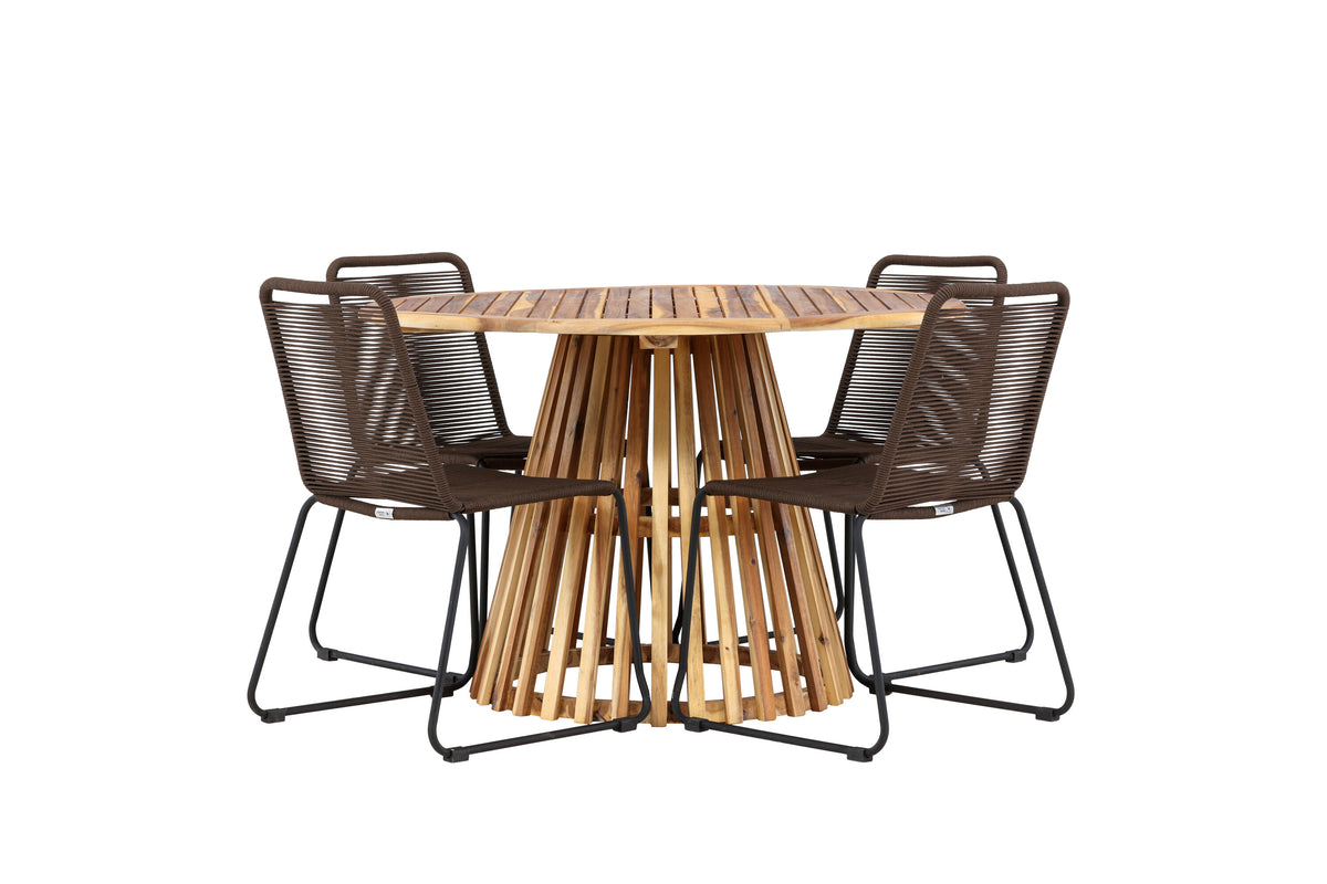 Lumpur och Lindos matgrupp med 4 stolar Ø110x75 cm teakfärgad akacia och svart aluminium