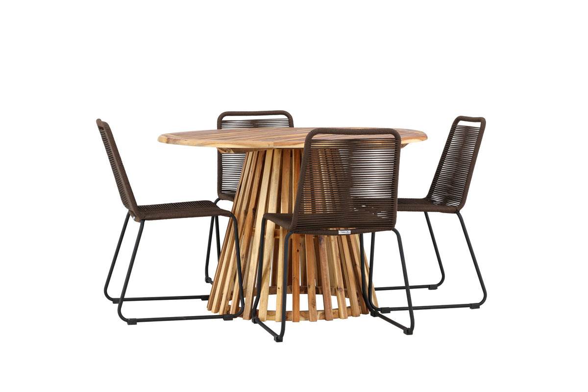Lumpur och Lindos matgrupp med 4 stolar Ø110x75 cm teakfärgad akacia och svart aluminium