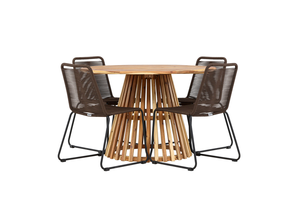 Lumpur och Lindos matgrupp med 4 stolar Ø110x75 cm teakfärgad akacia och svart aluminium