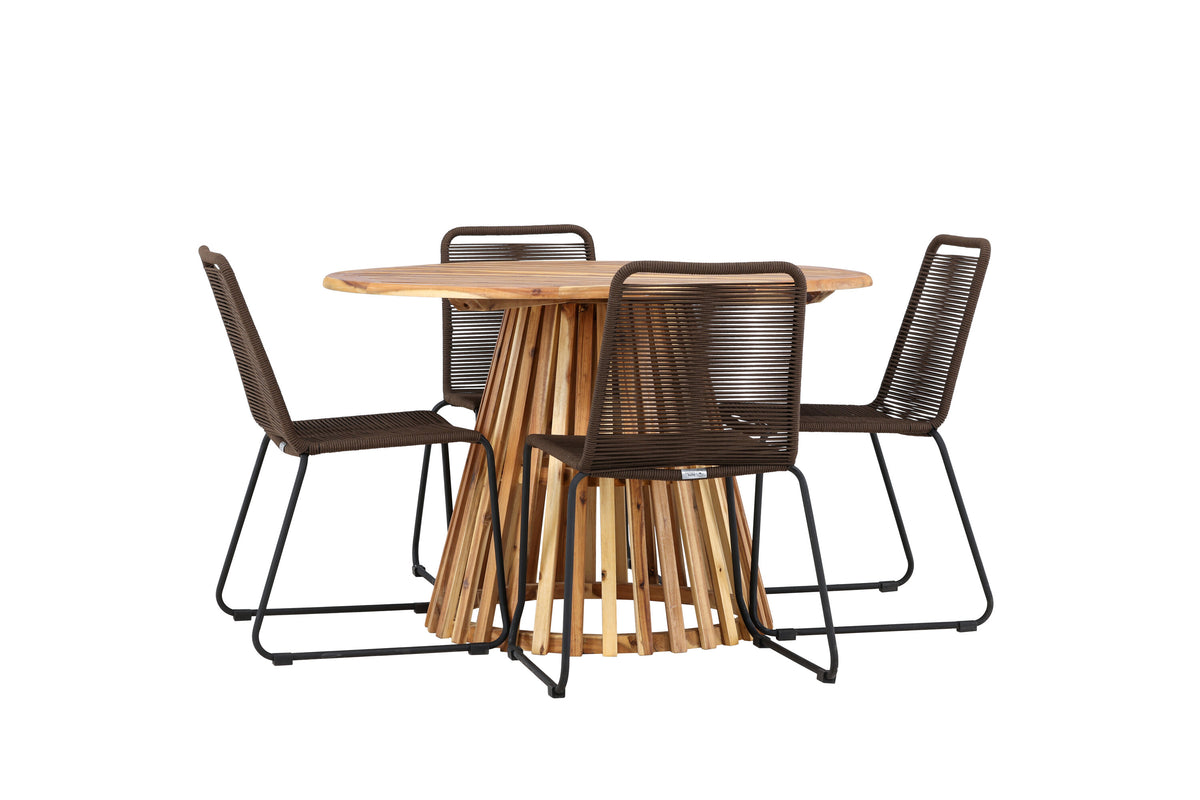Lumpur och Lindos matgrupp med 4 stolar Ø110x75 cm teakfärgad akacia och svart aluminium
