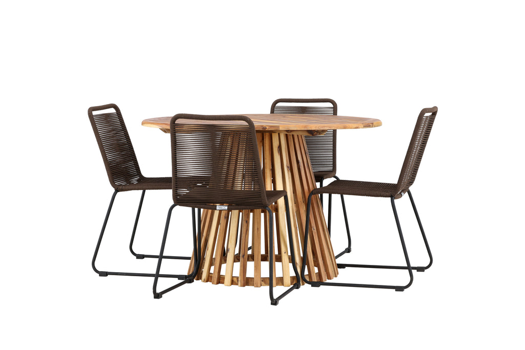 Lumpur och Lindos matgrupp med 4 stolar Ø110x75 cm teakfärgad akacia och svart aluminium