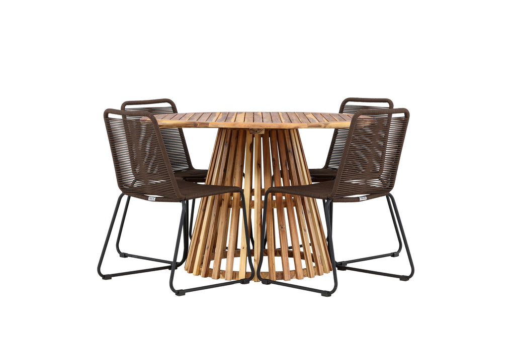 Lumpur och Lindos matgrupp med 4 stolar Ø110x75 cm teakfärgad akacia och svart aluminium