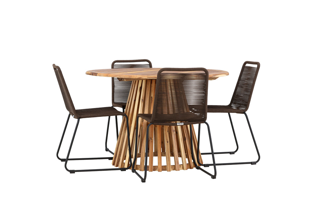 Lumpur och Lindos matgrupp med 4 stolar Ø110x75 cm teakfärgad akacia och svart aluminium