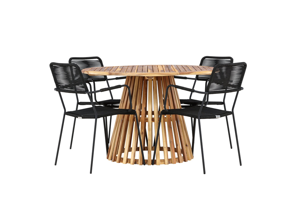 Lumpur och Lindos matgrupp med 4 karmstolar Ø110x75 cm teakfärgad akacia och svart