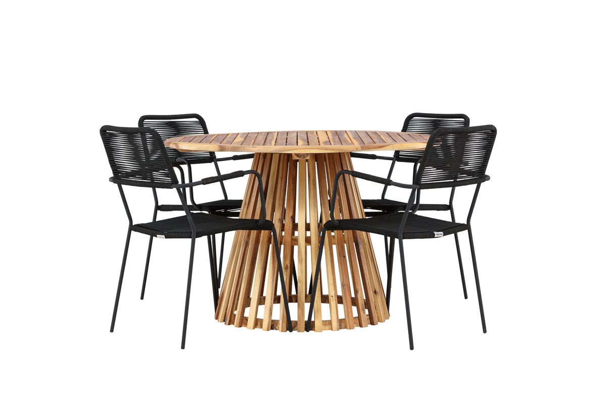 Lumpur och Lindos matgrupp med 4 karmstolar Ø110x75 cm teakfärgad akacia och svart