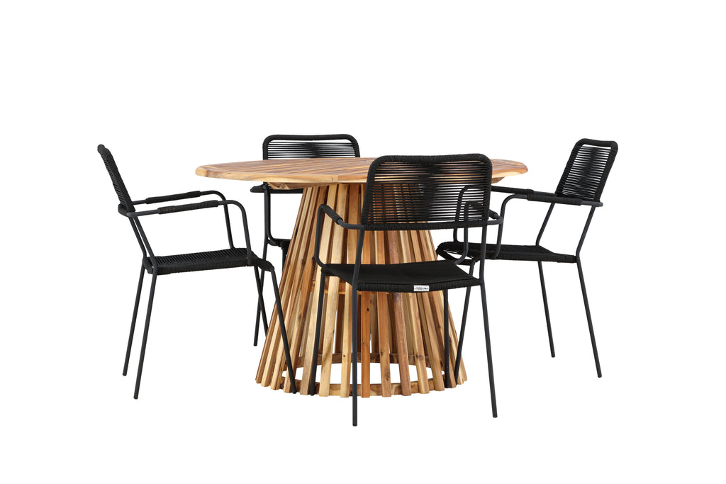 Lumpur och Lindos matgrupp med 4 karmstolar Ø110x75 cm teakfärgad akacia och svart