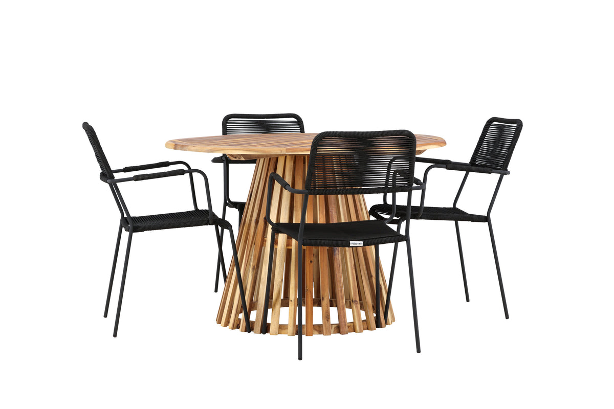 Lumpur och Lindos matgrupp med 4 karmstolar Ø110x75 cm teakfärgad akacia och svart