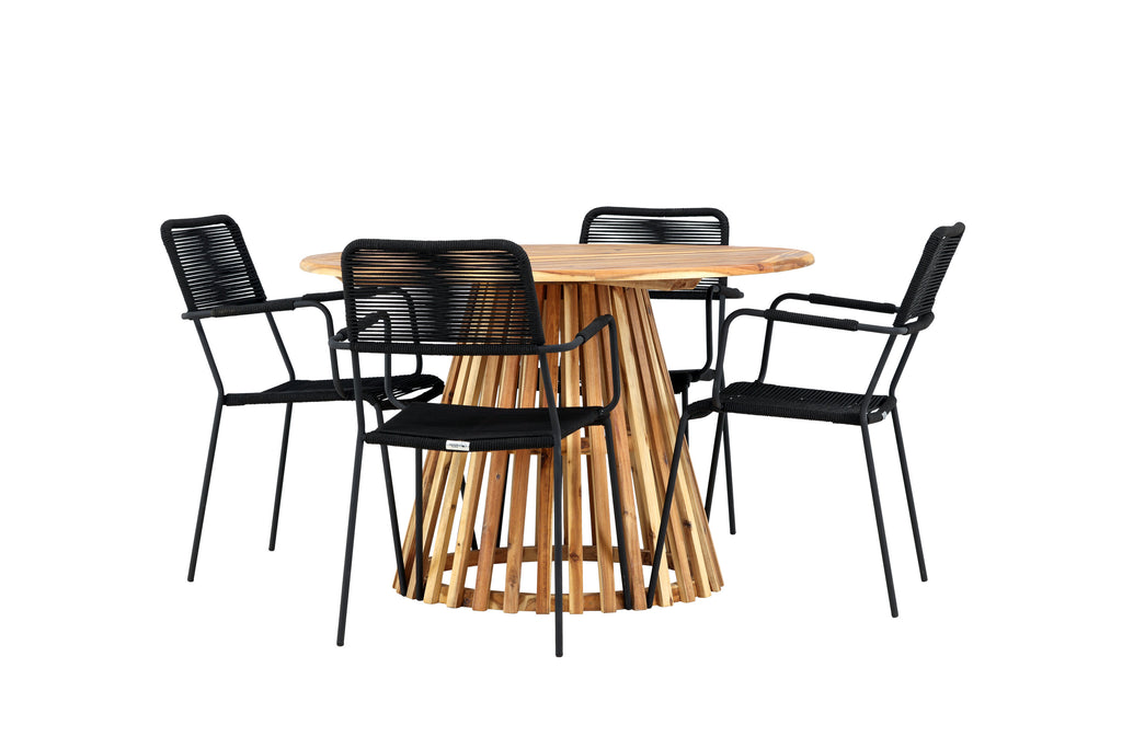 Lumpur och Lindos matgrupp med 4 karmstolar Ø110x75 cm teakfärgad akacia och svart