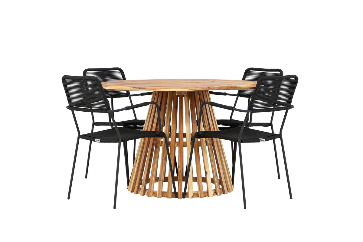 Lumpur och Lindos matgrupp med 4 karmstolar Ø110x75 cm teakfärgad akacia och svart
