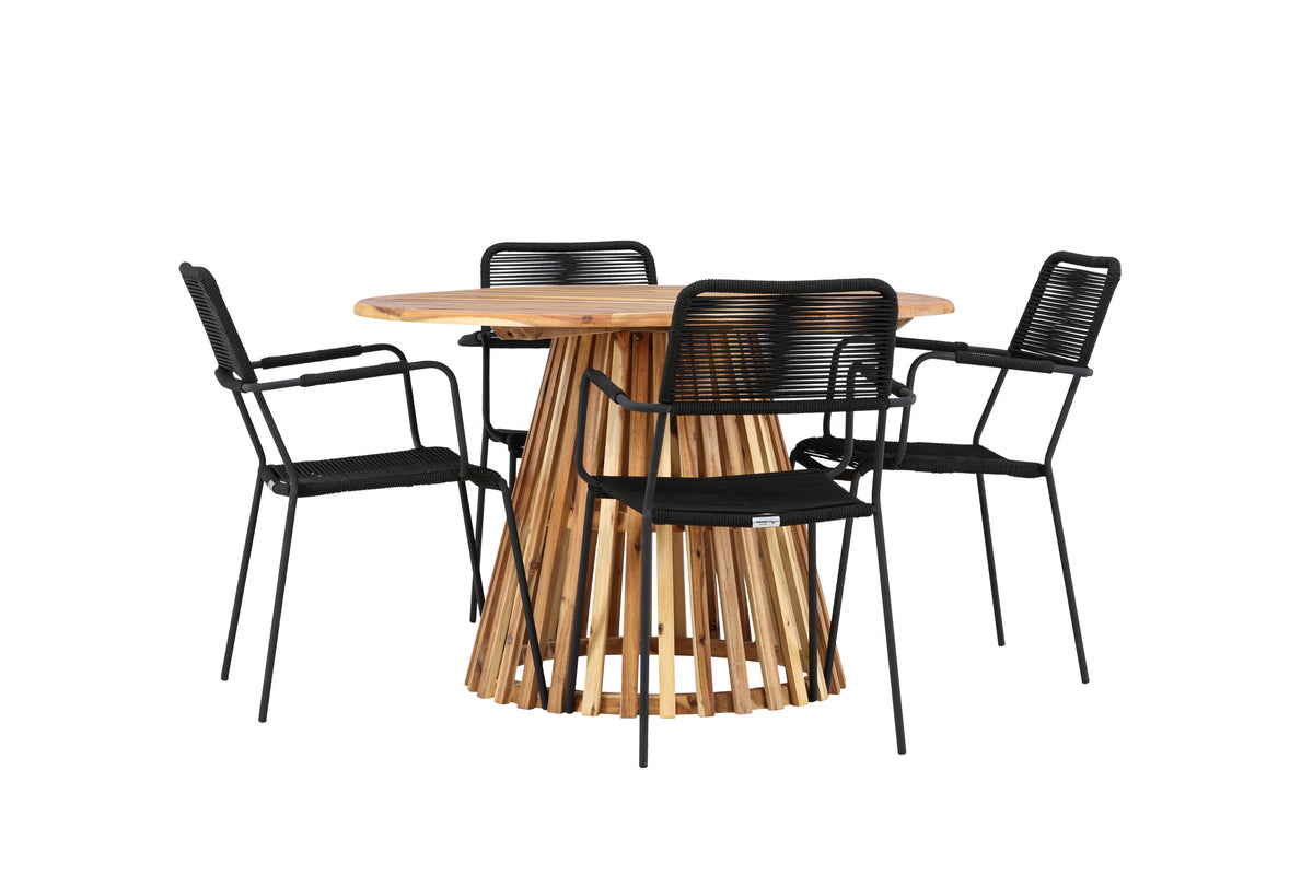 Lumpur och Lindos matgrupp med 4 karmstolar Ø110x75 cm teakfärgad akacia och svart