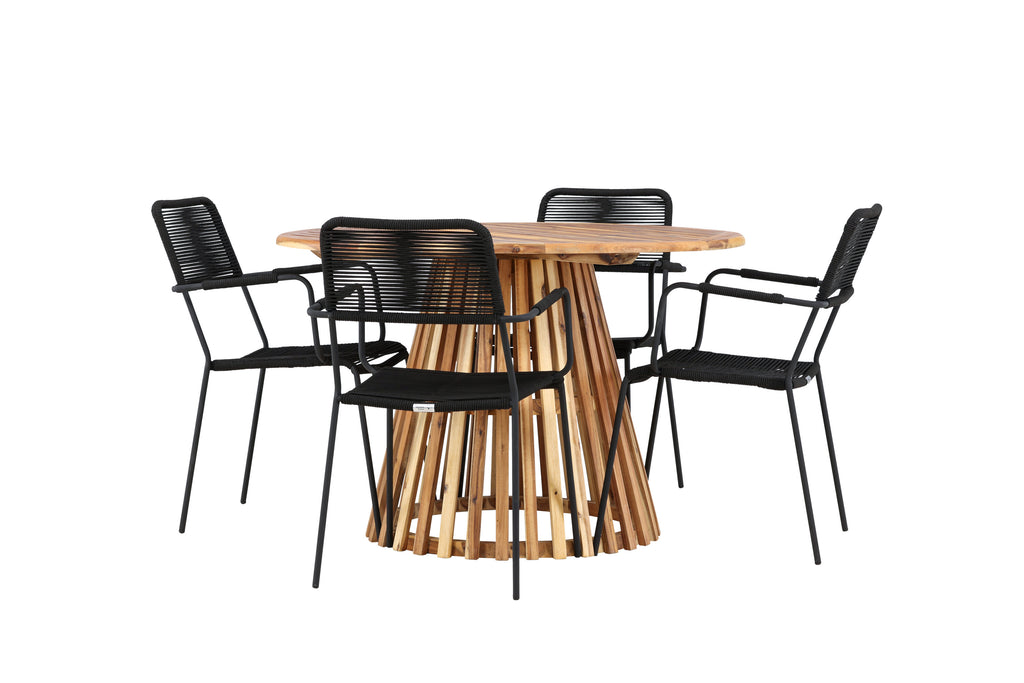 Lumpur och Lindos matgrupp med 4 karmstolar Ø110x75 cm teakfärgad akacia och svart
