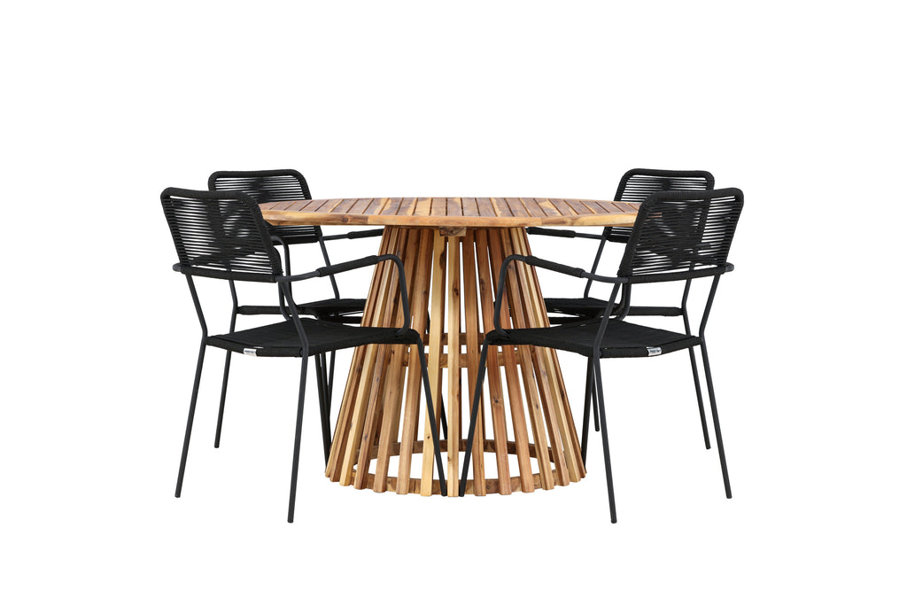 Lumpur och Lindos matgrupp med 4 karmstolar Ø110x75 cm teakfärgad akacia och svart