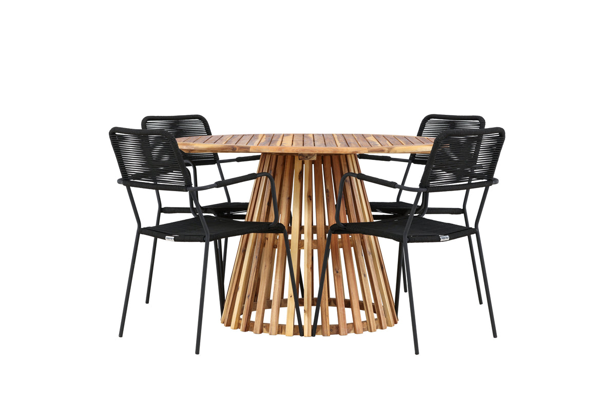 Lumpur och Lindos matgrupp med 4 karmstolar Ø110x75 cm teakfärgad akacia och svart