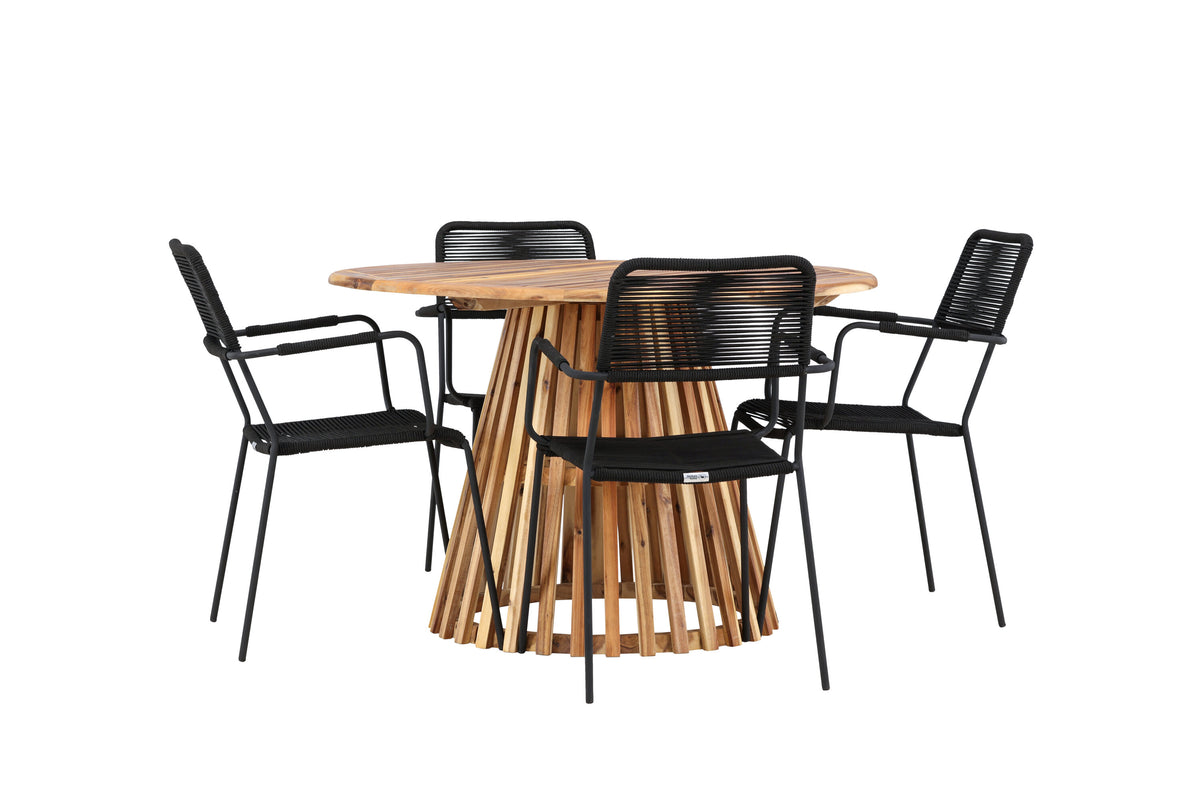 Lumpur och Lindos matgrupp med 4 karmstolar Ø110x75 cm teakfärgad akacia och svart