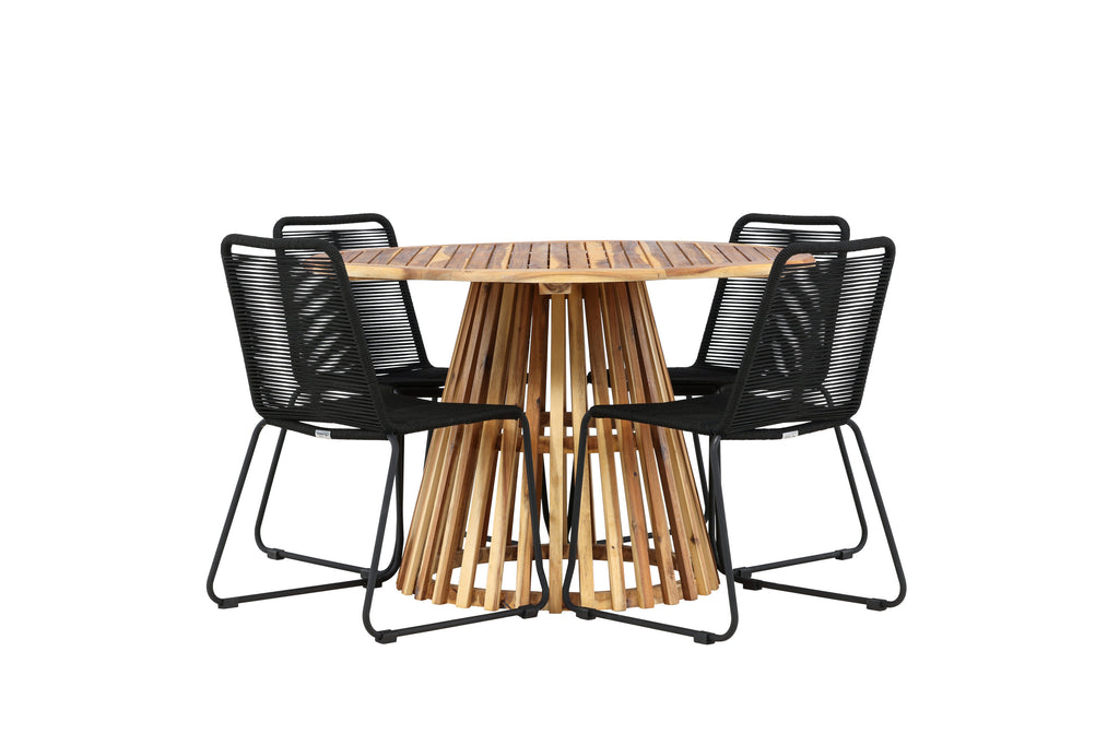 Lumpur och Lindos matgrupp med 4 stapelbara stolar Ø110x75 cm teakfärgad akacia och svart