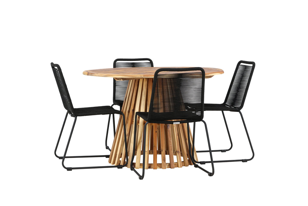 Lumpur och Lindos matgrupp med 4 stapelbara stolar Ø110x75 cm teakfärgad akacia och svart