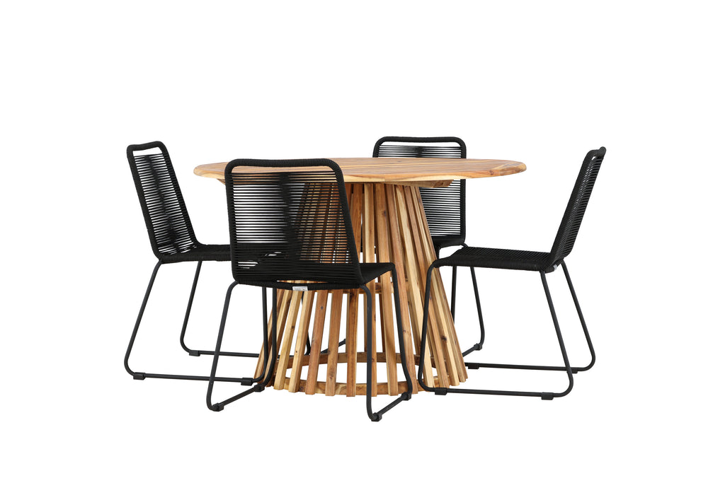 Lumpur och Lindos matgrupp med 4 stapelbara stolar Ø110x75 cm teakfärgad akacia och svart