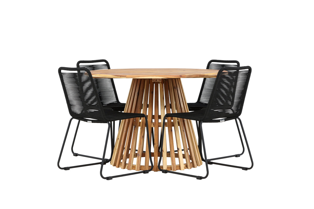 Lumpur och Lindos matgrupp med 4 stapelbara stolar Ø110x75 cm teakfärgad akacia och svart